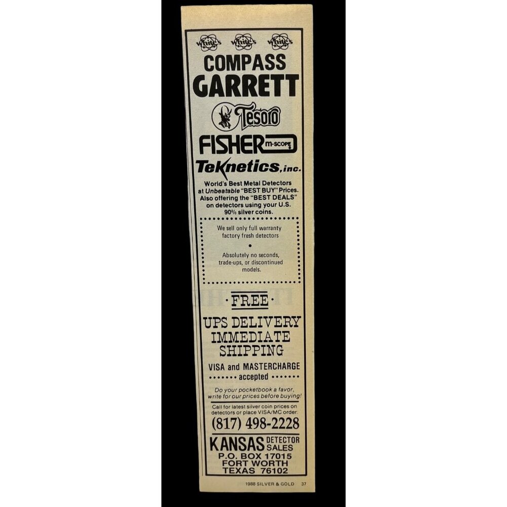 Kansas Metal Detector Sales Print Ad Vtg 80s Tesoro Garrett Teknetics Fort Worth